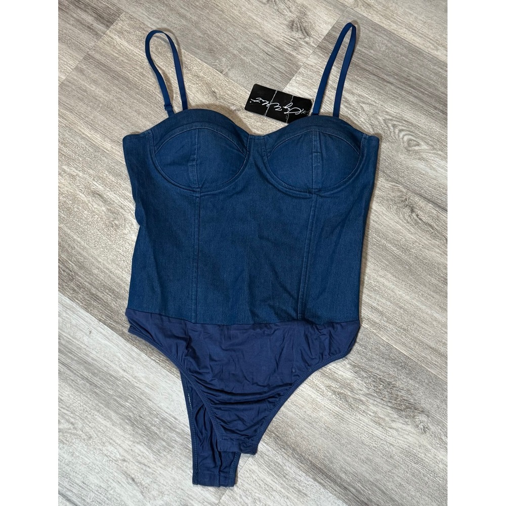 Blue Denim Bodysuit Sleeveless Stretch Casual‎ Party Top Women large